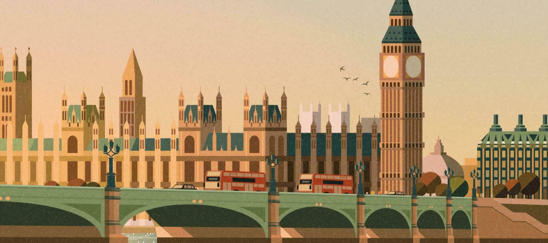 Big ben and westminster bridge scene in flat style vector