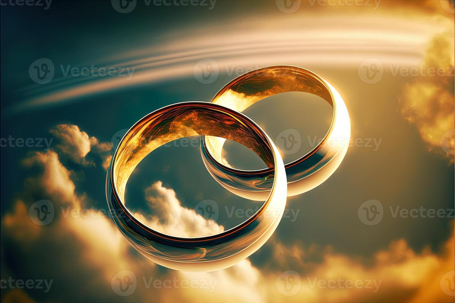 A pair of gold wedding rings floating in the sky. two wedding rings floating in the clouds with a sun in the background and a blue sky with clouds below them. . Wedding concept. photo