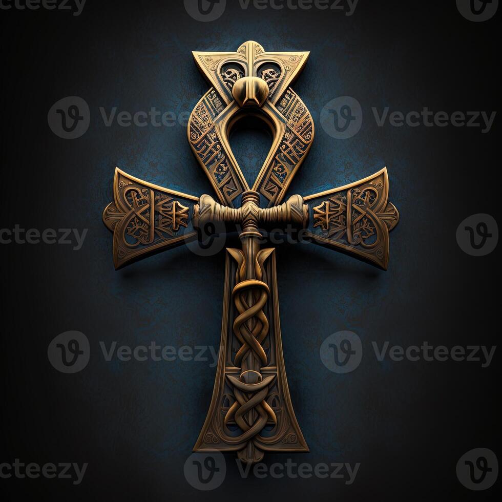 Ancient golden ankh symbol isolated on dark background. Illustration of an Egyptian cross in digital form. The ancient Egyptians used the Ankh as a symbol for eternal life. photo