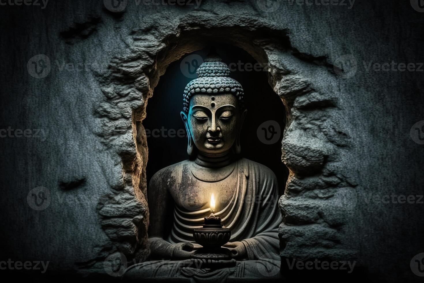 Buddha statue with cherry blossom. Mediation and zen concept. illustration of golden statue of Buddha at zen garden photo