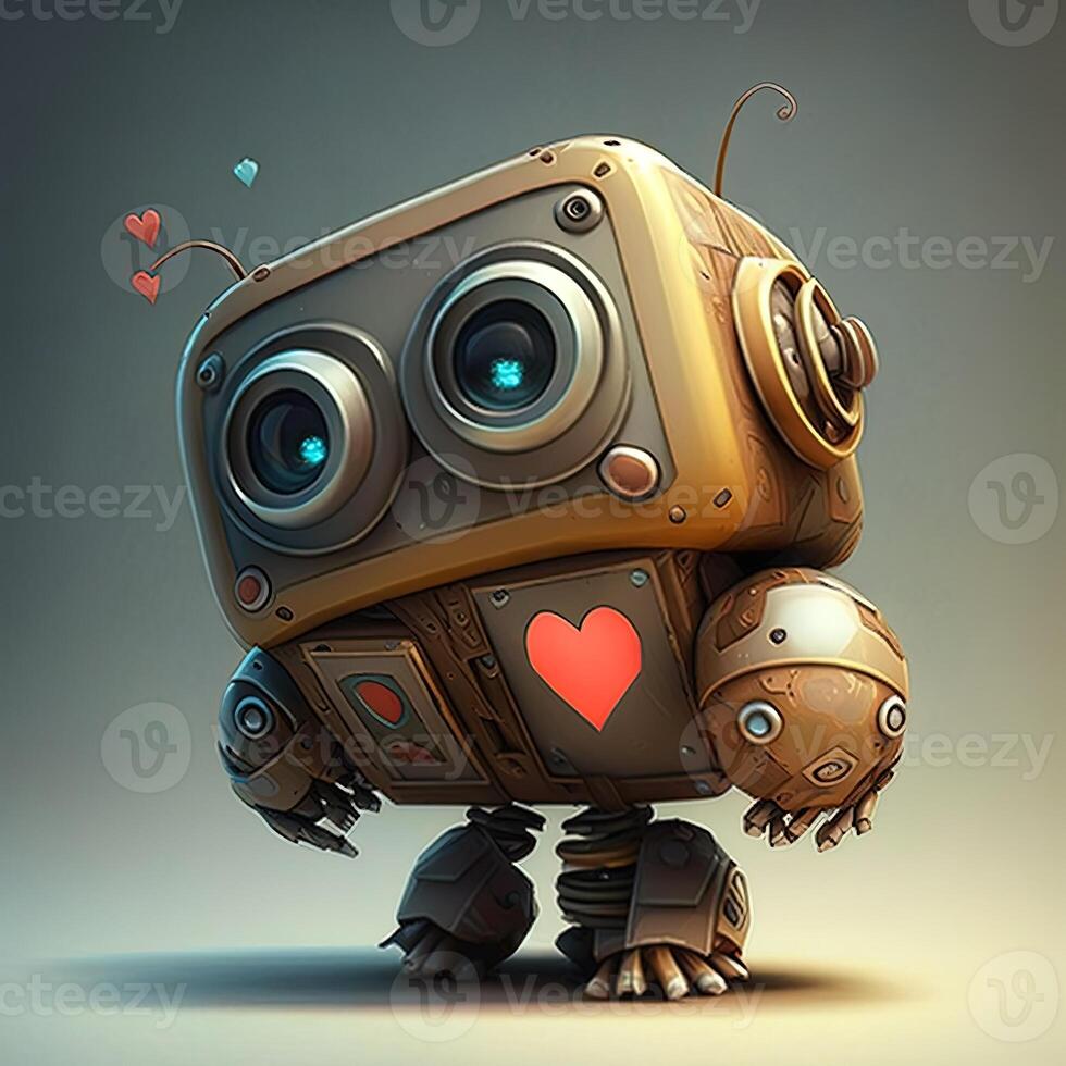 Cute white smiling robotic teen mini unit robot toy gesturing. Cute robot on a white backdrop with a pointing hand and a winking eye. technological idea. photo