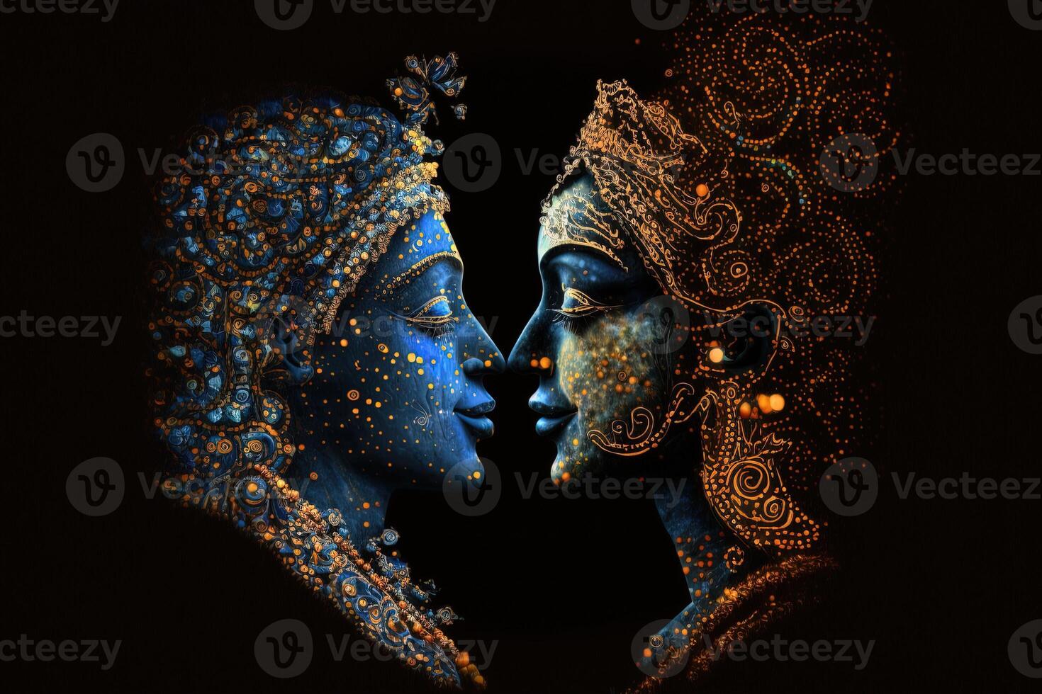 Radha krishna in love medium shot photography portrait of cosmic galactic . symbol of Devine Love. Art Print For Home Decor hindu couple on abstract decorative background photo