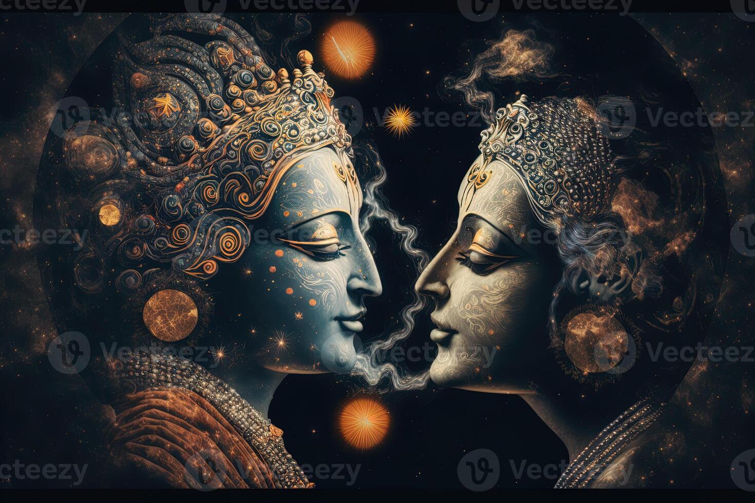 Radha krishna in love medium shot photography portrait of cosmic galactic . symbol of Devine Love. Art Print For Home Decor hindu couple on abstract decorative background photo