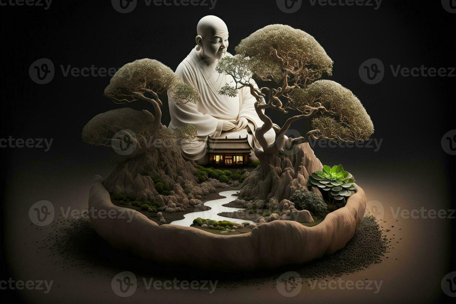 Miniature desk zen sandbox with Monk figure sit in Lotus position, stacked zen sea stones, brown elephant figurines, spa candles burning against dark studio background, copy space. photo