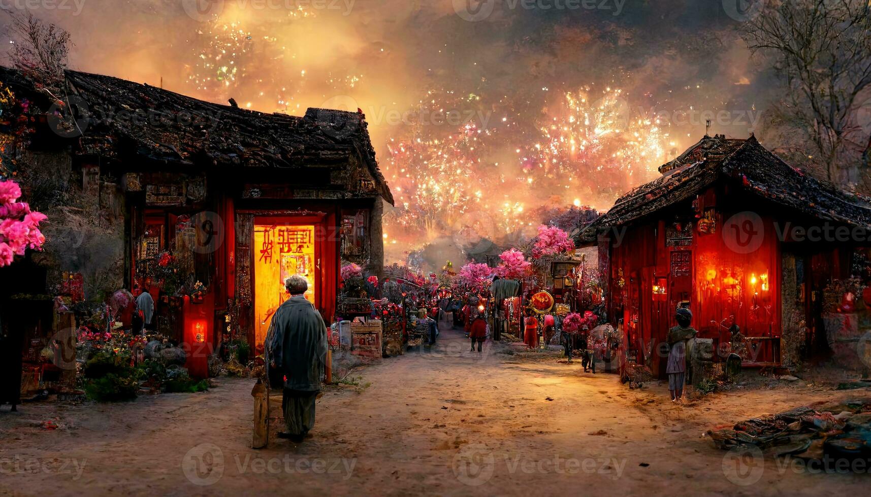 Ancient Chinese village, Chinese New Year, peach flower blossom, multi firework in the sky, bustling market, withered trees. Happy new year concept. Generate AI photo