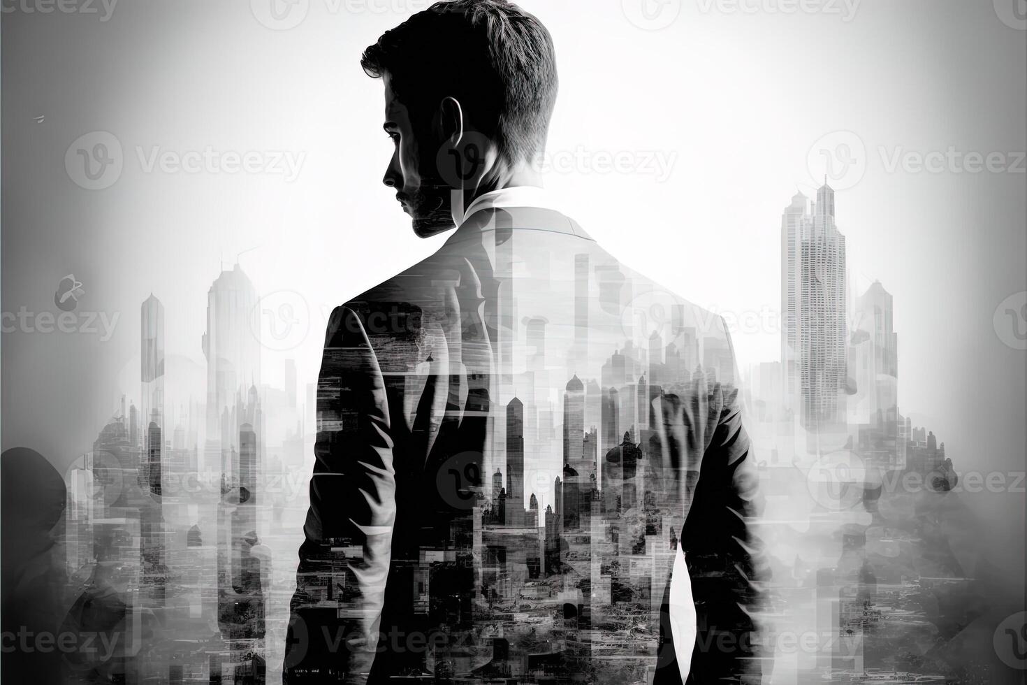 The double exposure image of the business man standing back overlay with cityscape image. The concept of modern life, business, city life and internet of things. photo