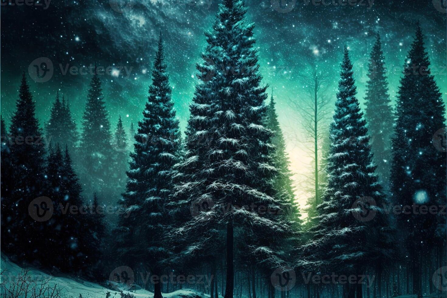 christmas decorated green spruce trees in winter forest, Abstract fantasy festive christmas tree background header wallpaper, winter abstract landscape. Sunlight in the winter forest. photo