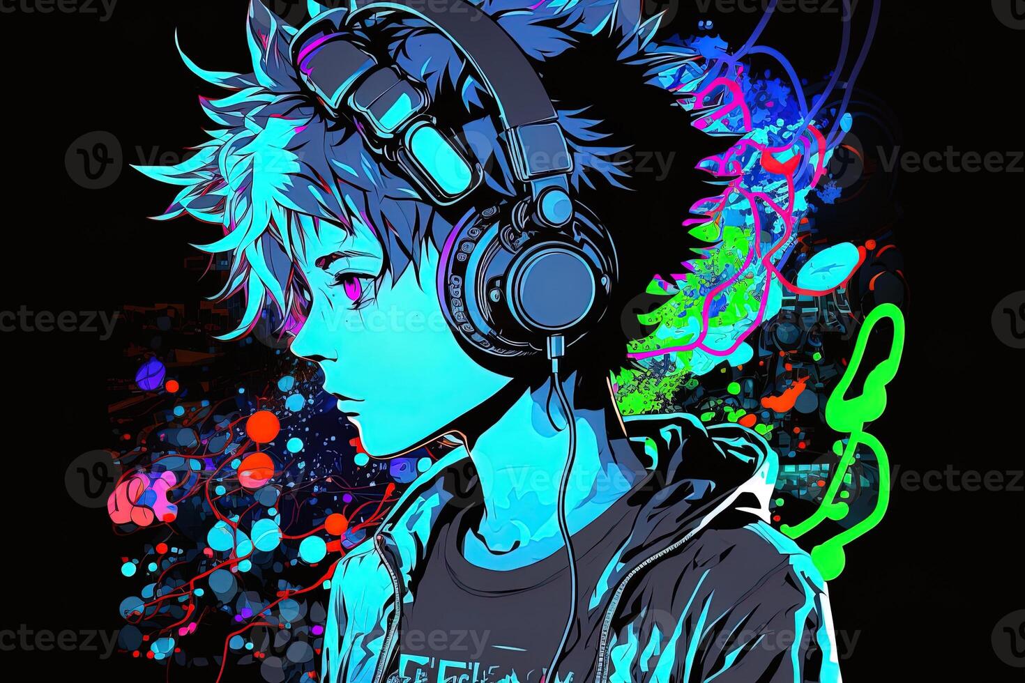 an neon gamer anime fashion boy or man wearing headphones, lost in his music. abstract background that evokes the feeling of different genres of music. banner music concept photo