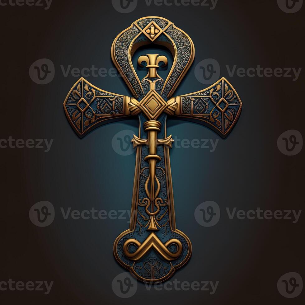 Ancient golden ankh symbol isolated on dark background. Illustration of an Egyptian cross in digital form. The ancient Egyptians used the Ankh as a symbol for eternal life. photo