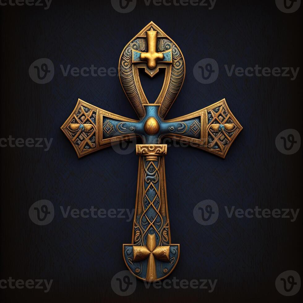 Ancient golden ankh symbol isolated on dark background. Illustration of an Egyptian cross in digital form. The ancient Egyptians used the Ankh as a symbol for eternal life. photo