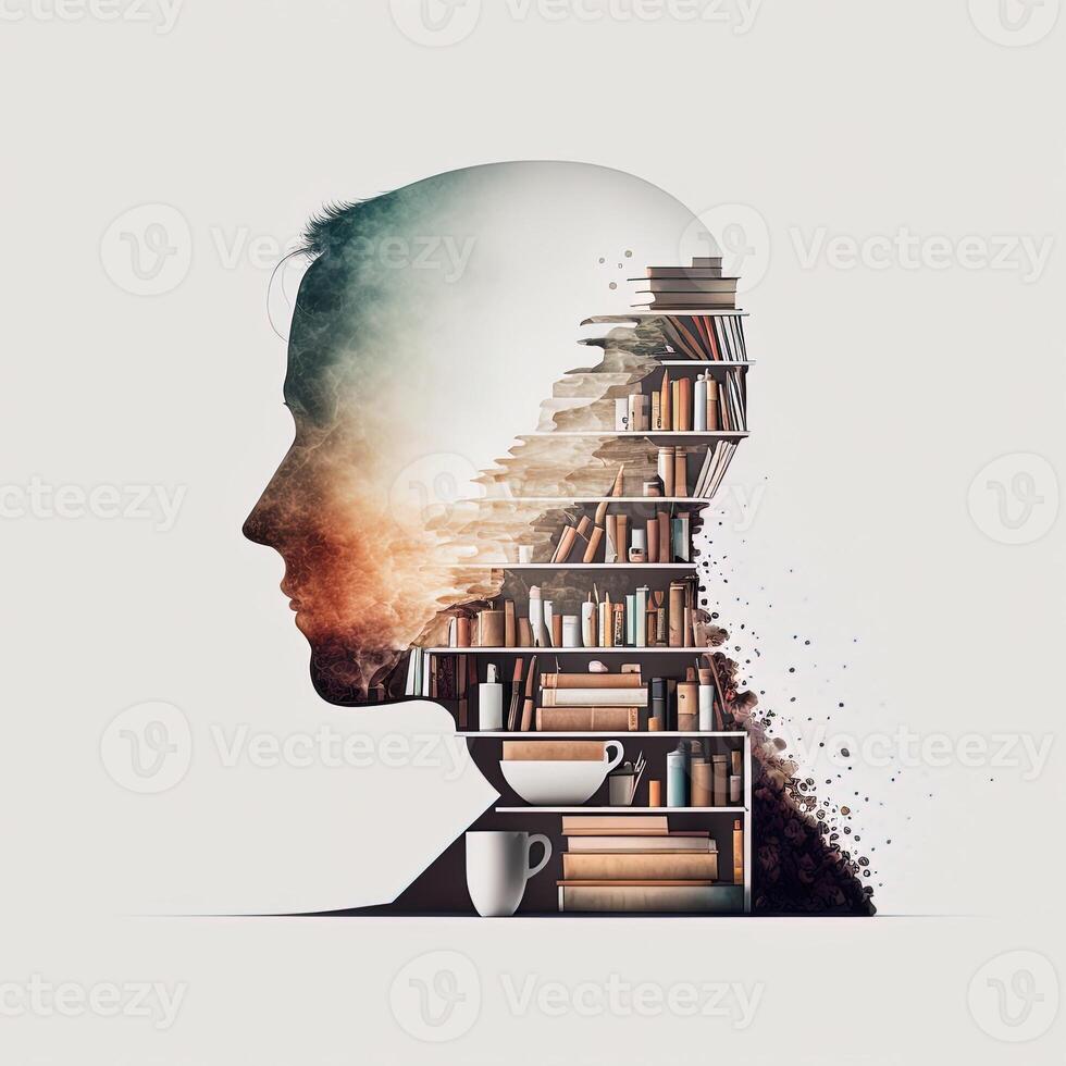 generativo ai un estante para libros lleno de libros, doble exposición joven hombre mezclado imagen, frente perfil en blanco antecedentes. creativo ideas, conocimiento y habilidades de persona en social red. foto