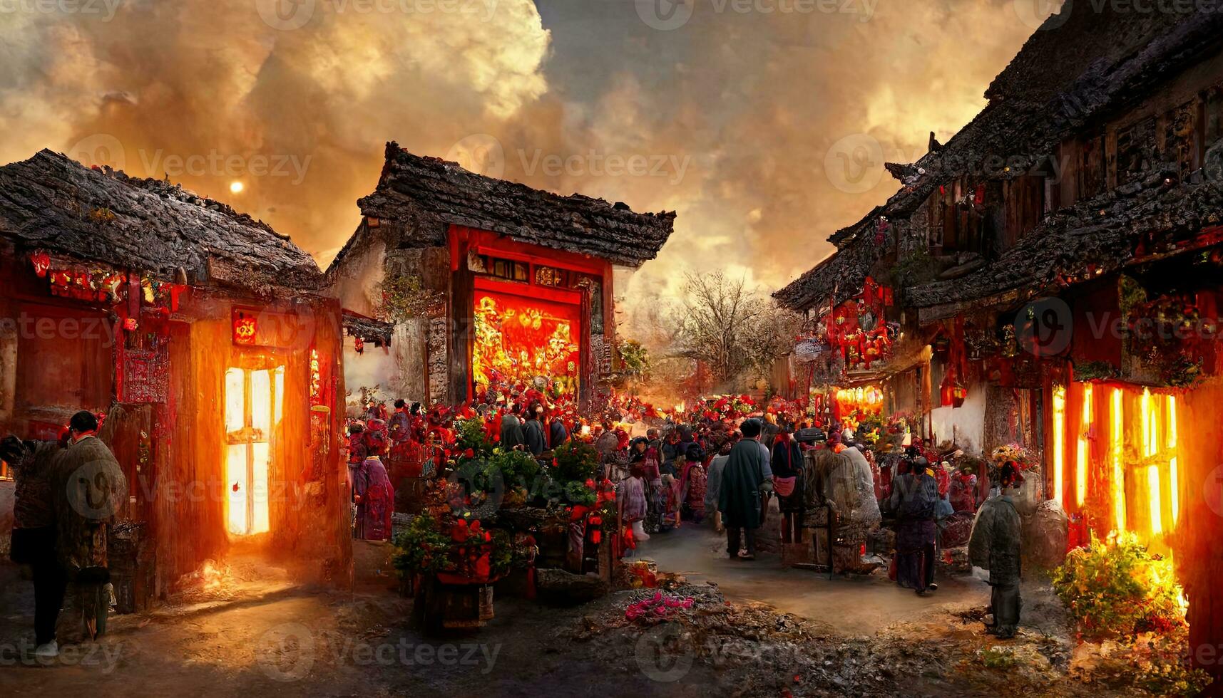 Ancient Chinese village, Chinese New Year, peach flower blossom, multi firework in the sky, bustling market, withered trees. Happy new year concept. Generate AI photo