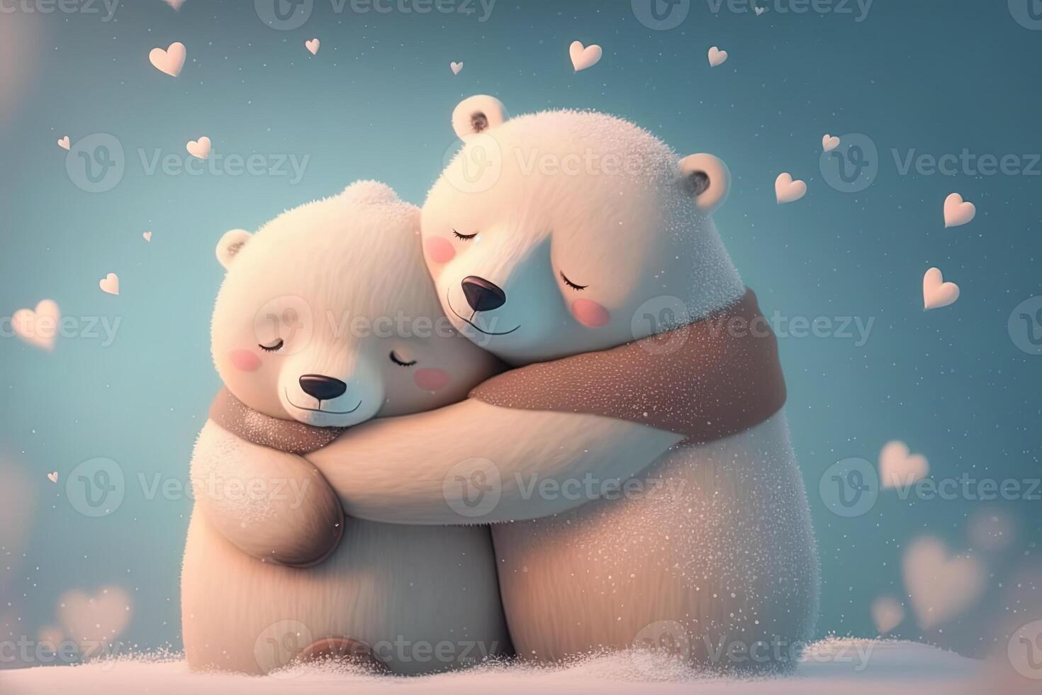 Two cute polar hug together in white snow background. Mother and baby polar bear cuddling as family in snow in winter. photo