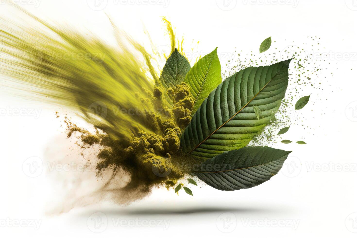 powder flavored explosion white background with kratom leafs mockup for matcha tea. photo