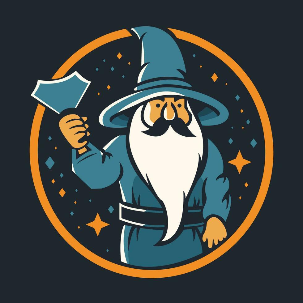 A cartoon image of a wizard with a hat and a beard. vector