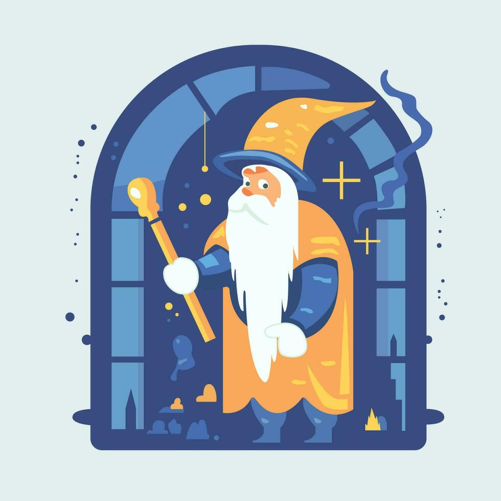 Wizard in a hat with a wand in his hand. vector