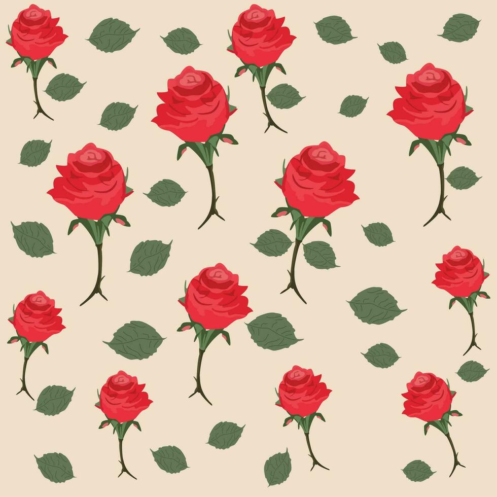 A seamless pattern of red roses with green leaves on a beige background. vector