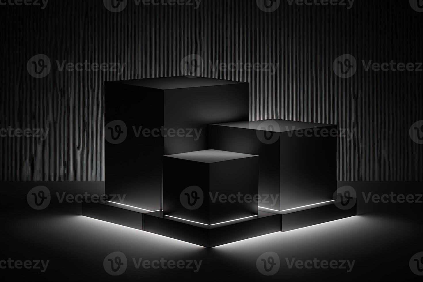 Elegant three black cube stand for product placement mockup. Dark podium exhibition scene background. Minimal box platform showroom with spot light photo