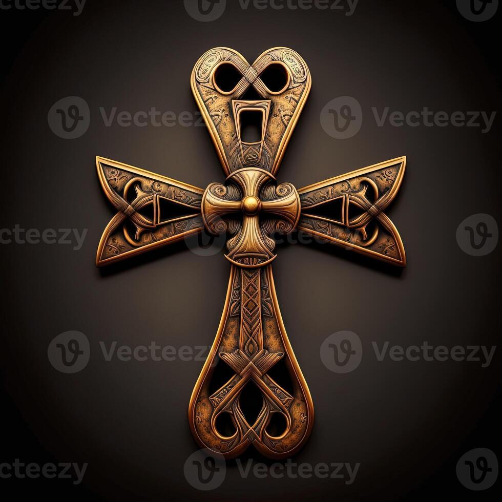 Ancient golden ankh symbol isolated on dark background. Illustration of an Egyptian cross in digital form. The ancient Egyptians used the Ankh as a symbol for eternal life. photo