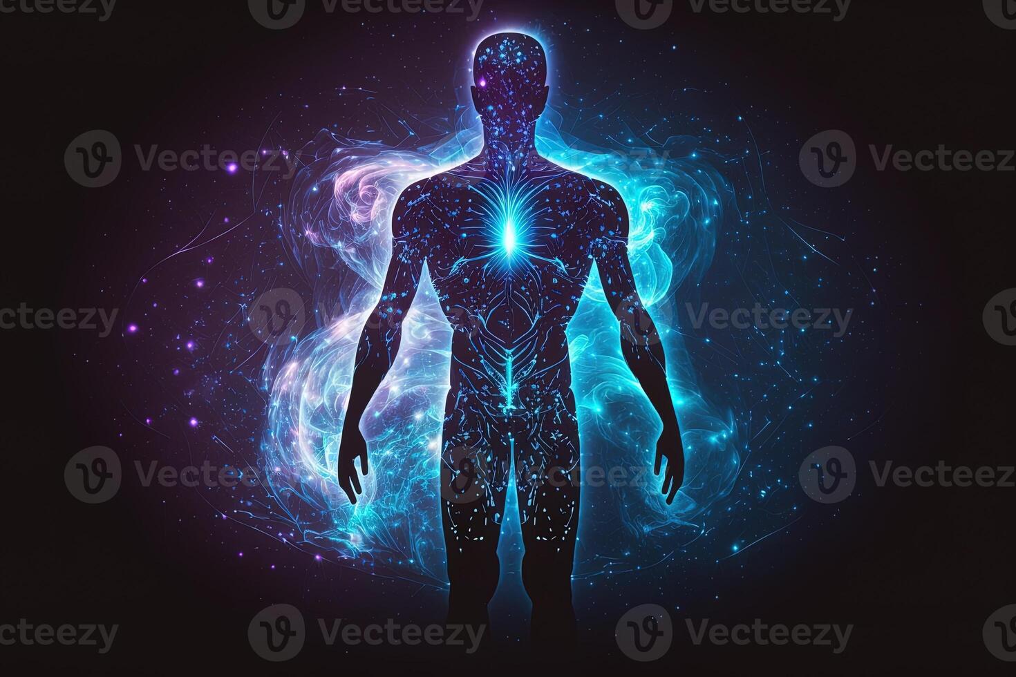 Astral body silhouette with abstract space background. Esoteric, spiritual life and meditation concept. Afterlife and connection with other worlds. Created with photo