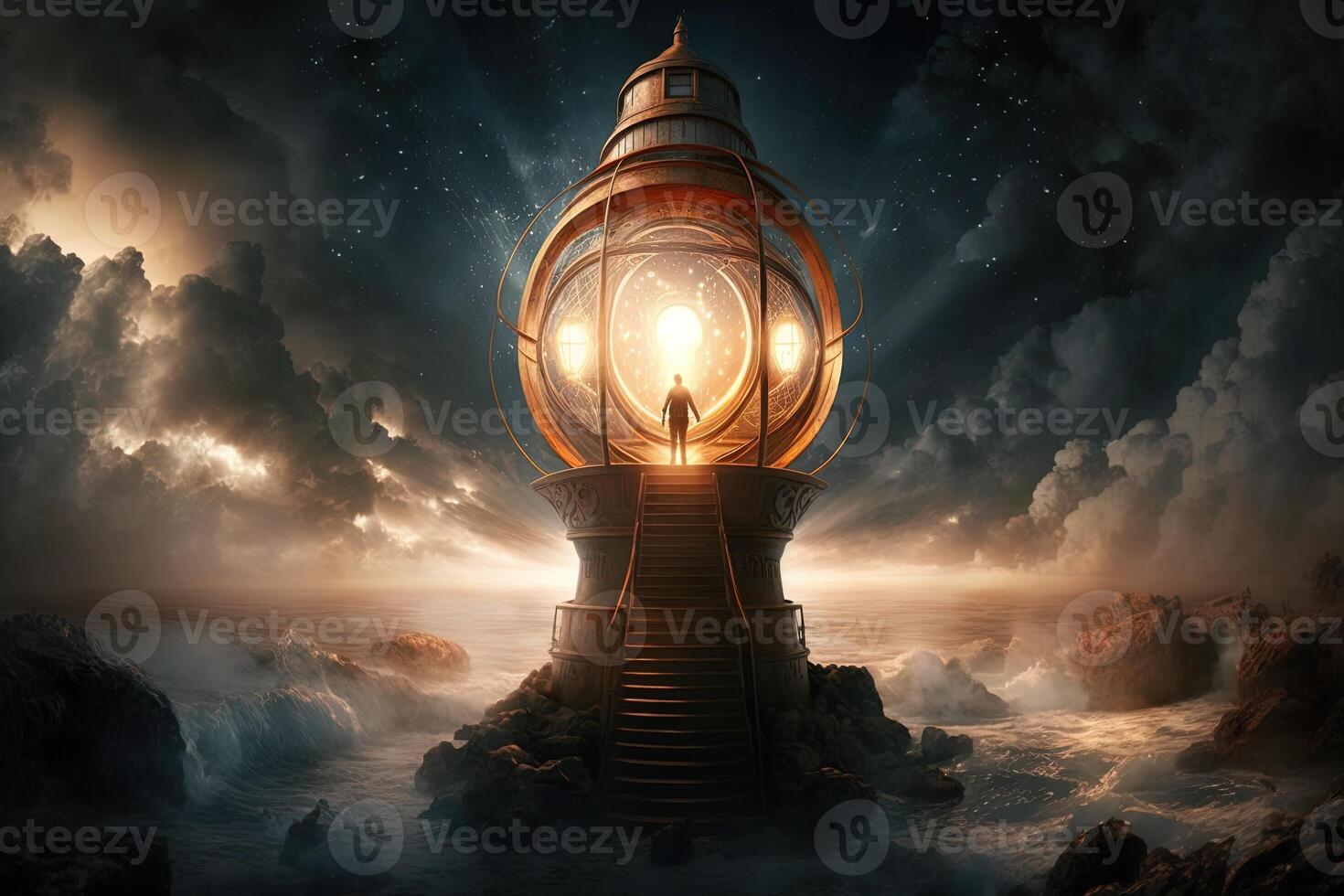 Metal Bronze lighthouse, small hooded figure with lantern at the base, a bright white large glowing ball of electric light at top of light house. technology photo