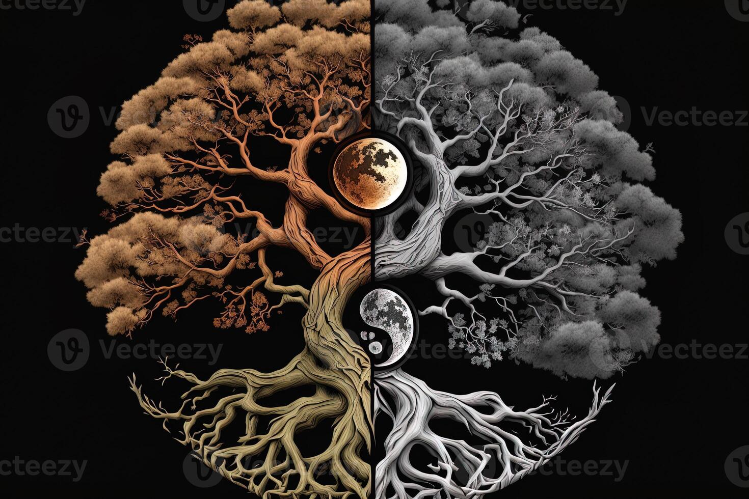 Ying yang concept of balance Yggdrasil tree of life norse mythology. Balance concept. photo