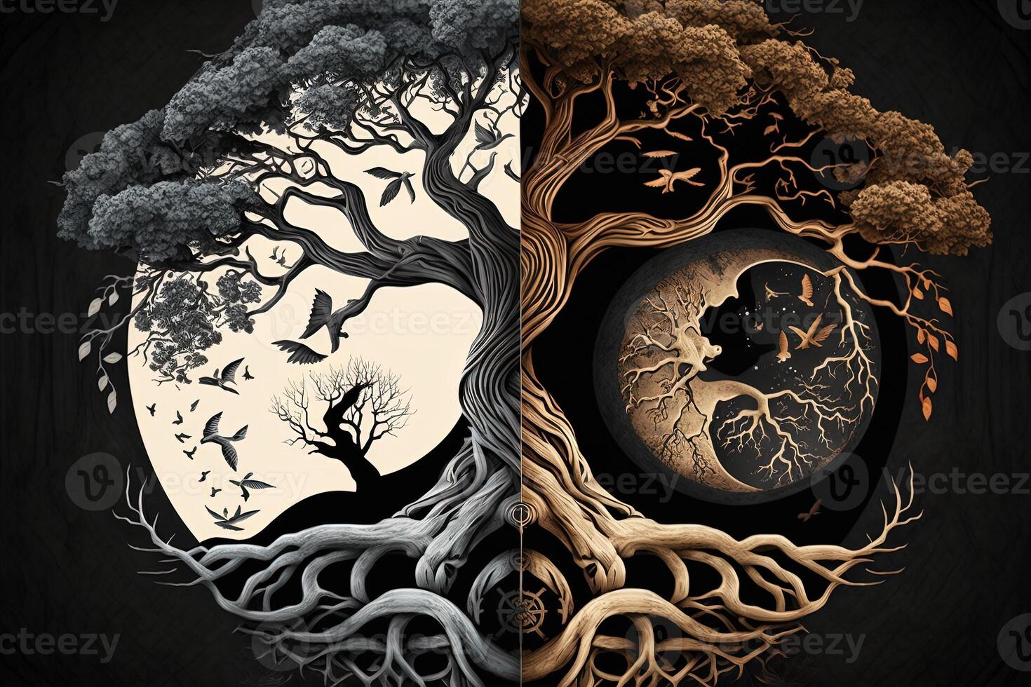 Ying yang concept of balance Yggdrasil tree of life norse mythology. Balance concept. photo