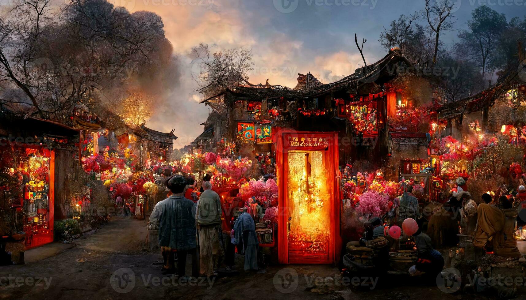 Ancient Chinese village, Chinese New Year, peach flower blossom, multi firework in the sky, bustling market, withered trees. Happy new year concept. Generate AI photo