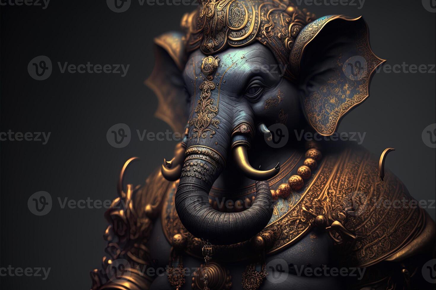 on statue of Lord Ganesha , Ganesha Festival. Hindu religion and Indian celebration of Diwali festival concept on dark, red, yellow background and copy space photo