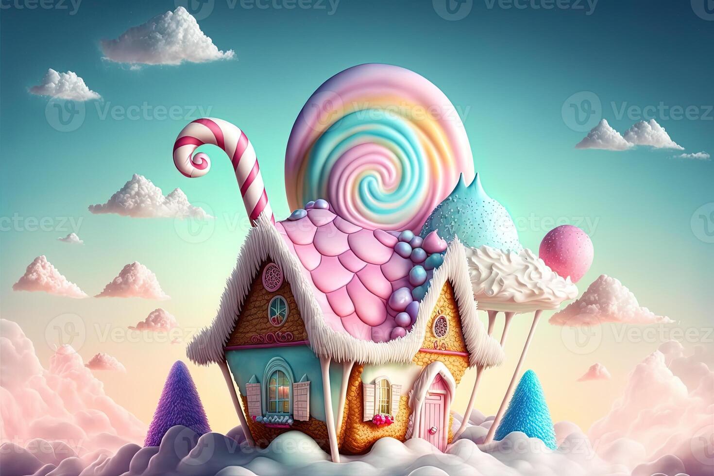 Christmas decorations with colorful gingerbread pink house and colorful candy on white cloud. Winter holidays new year and xmas composition. Amazing fairy Christmas house. photo