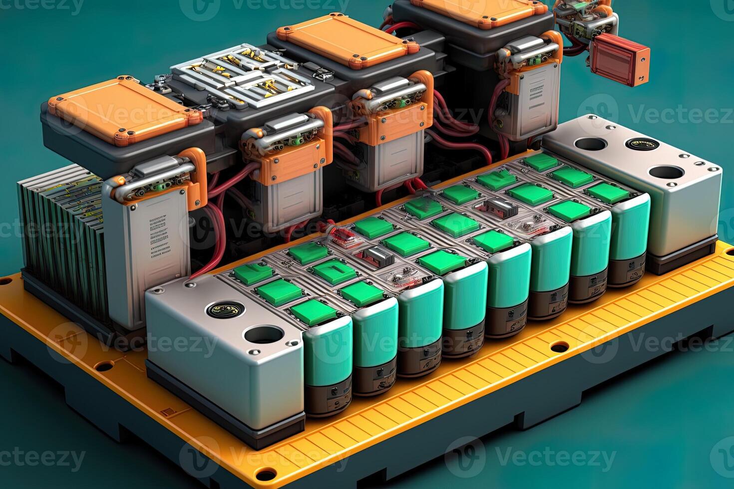Interior of industry factory, Robot assembly line with electric car battery cells module on platform. photo