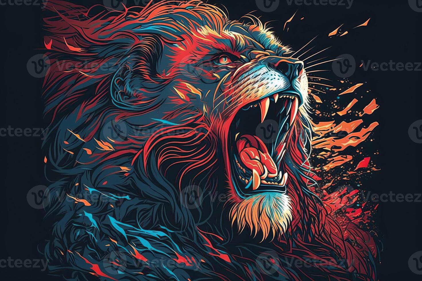 Poster of Lion roaring, Abstract poster of a dangerous and powerful roaring male lion. . Creative fire flames art paint coming from the mad king of the jungle. photo