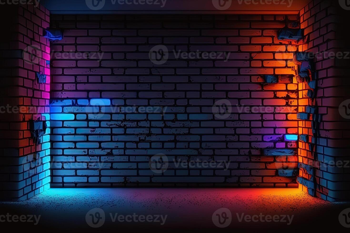 Modern futuristic blank brick wall background with neon lights. old grunge brick wall room background. Colorful copy space concept. photo