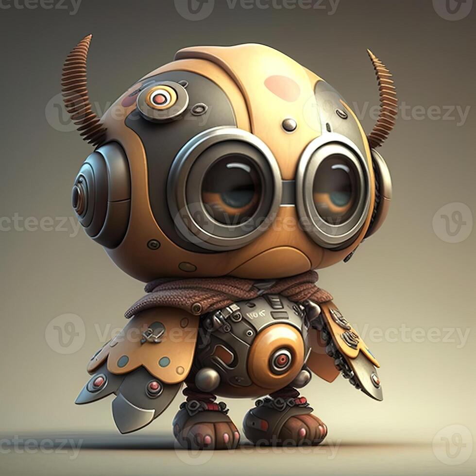 Cute white smiling robotic teen mini unit robot toy gesturing. Cute robot on a white backdrop with a pointing hand and a winking eye. technological idea. photo