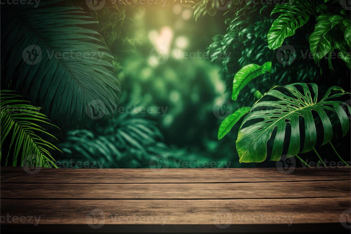 Tropical background with a wooden table on the forefront and lush vegetation with lots of copy space, perfect for editing with your product. Empty ready for your product display. photo