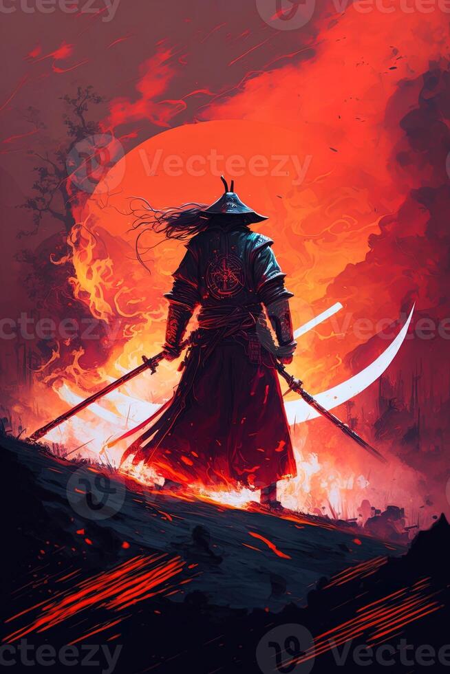 A samurai in a demonic red mask on the battlefield makes a swing with a katana creating a sizzling fire ring around, he is a mystical martial. illustration painting photo