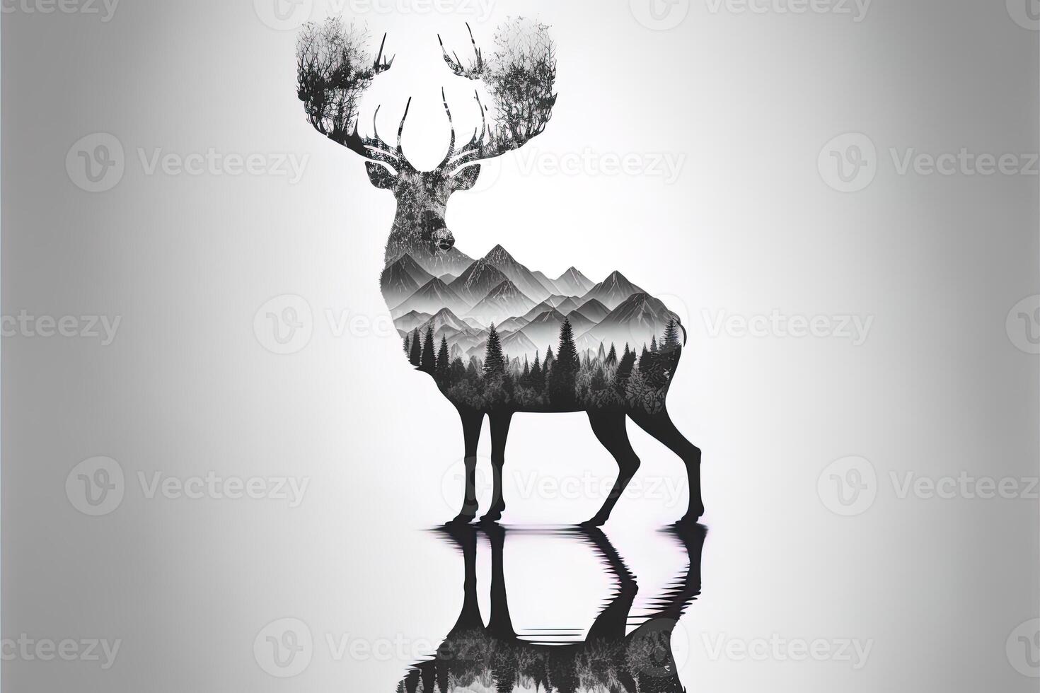 Double exposure of a deer and jungle on white background. Camping concept. Vintage Grizzly for t-shirt design, sticker, poster, and wallpaper. Adventure deer illustration photo