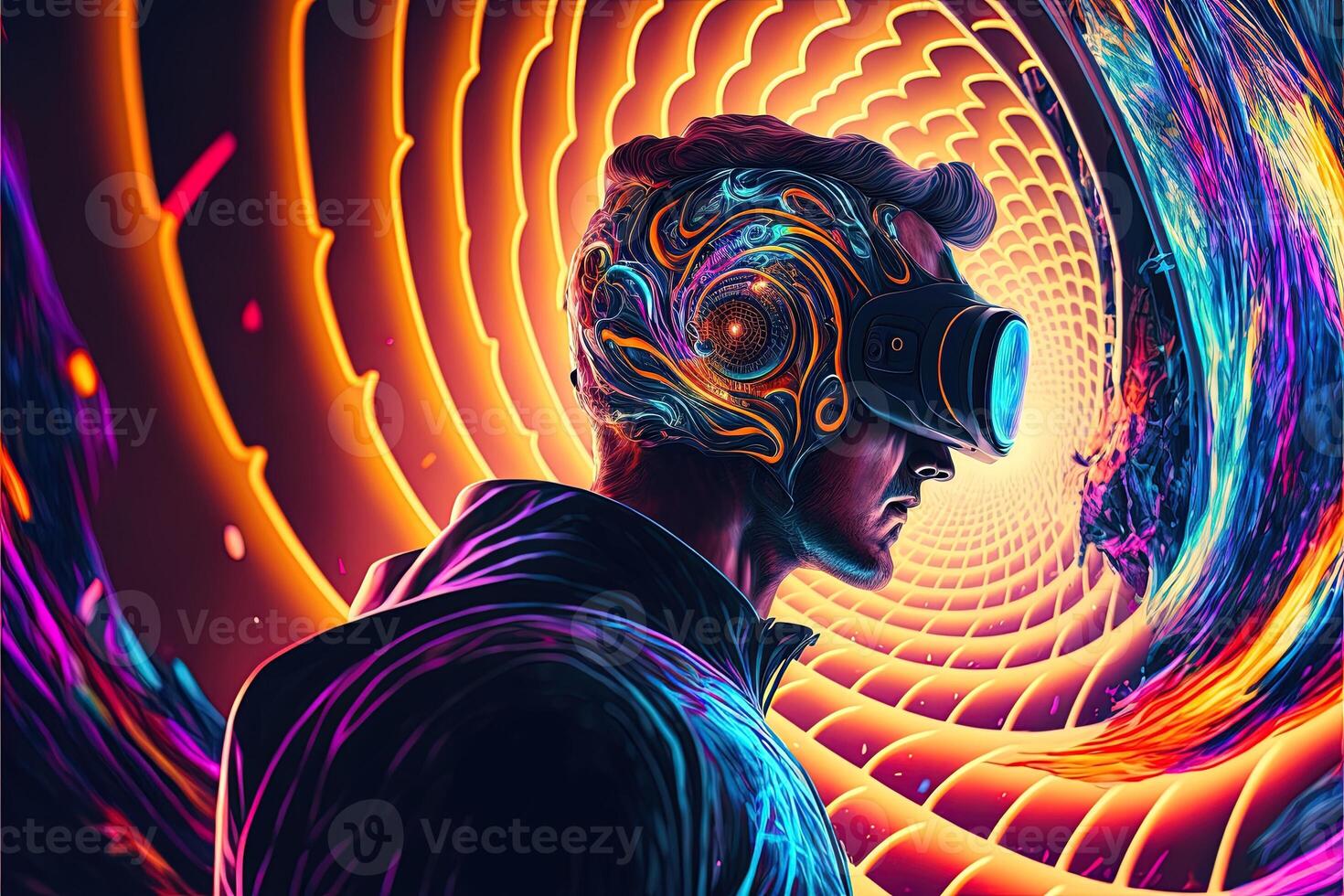 illustration of an enthusiastic young man wearing virtual reality goggles is inside the metaverse. Metaverse concept and virtual world elements. Games and entertainment of the digital photo