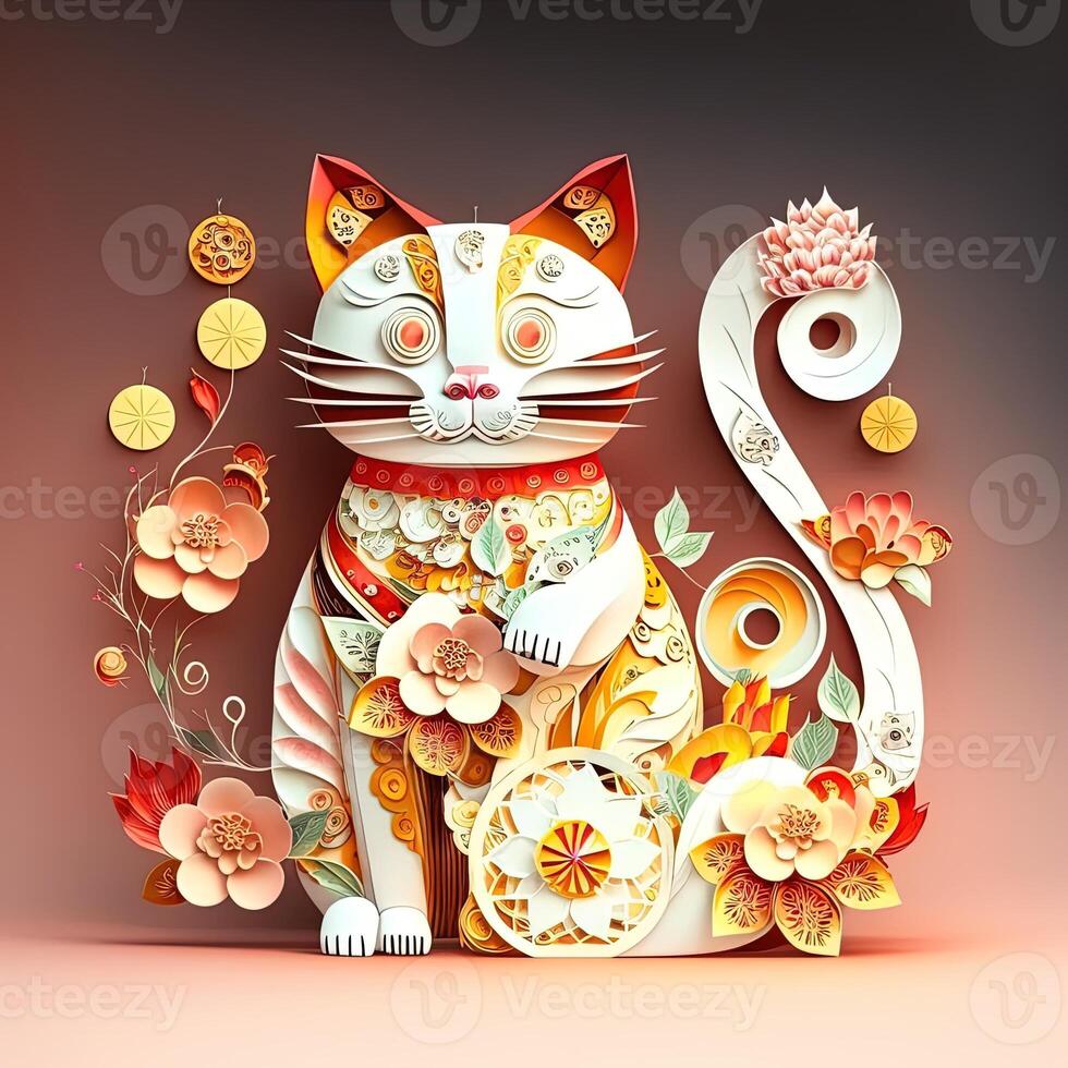 Paper cut quilling multidimensional chinese style cute zodiac cat with lanterns, blossom peach flower in background, chinese new year. Lunar new year 2023 concept. photo