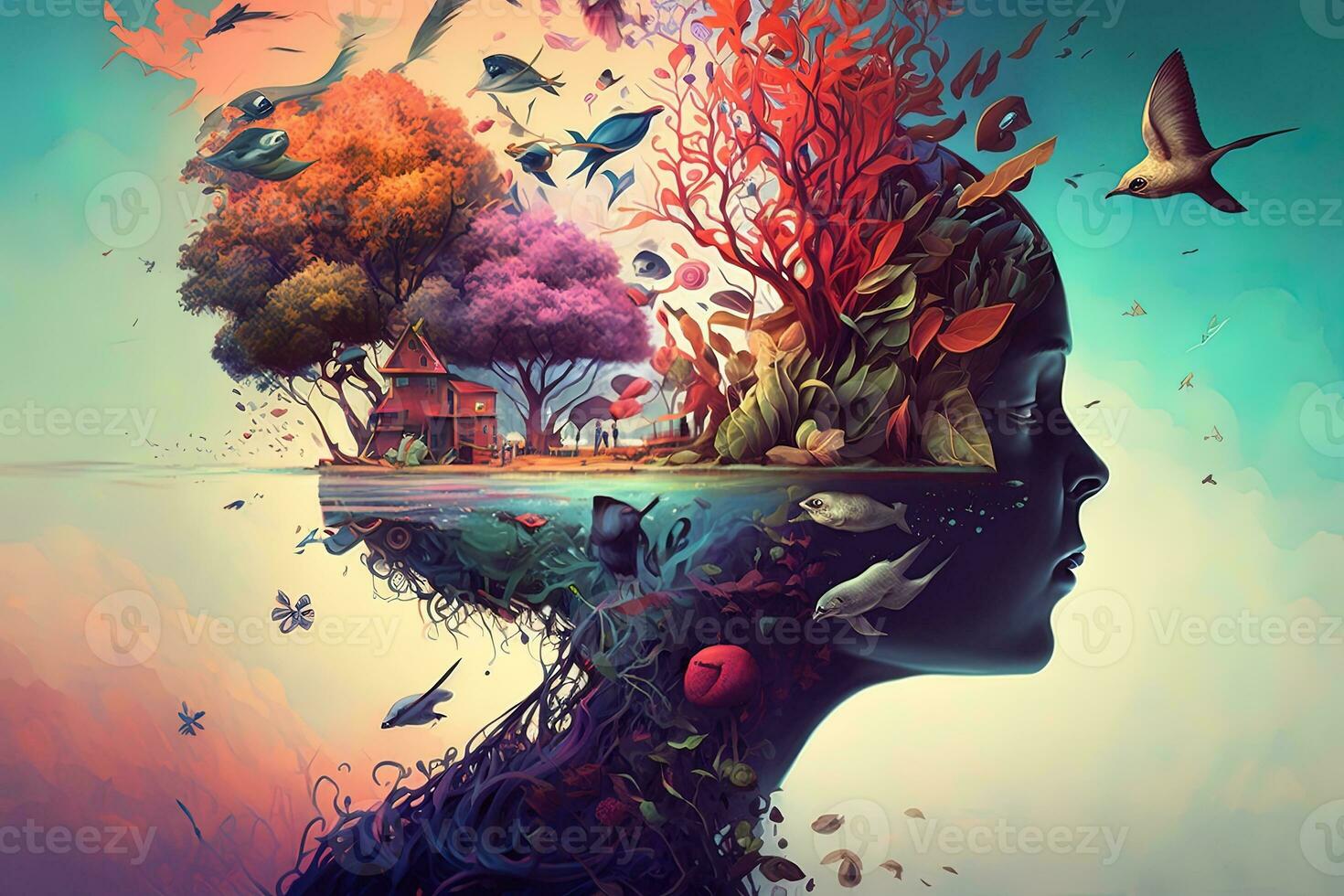 the mind lost deep in thought, thoughts of time and numbers, thoughts of a fantasy land with colorful plants and animals, surreal painting Generation AI photo