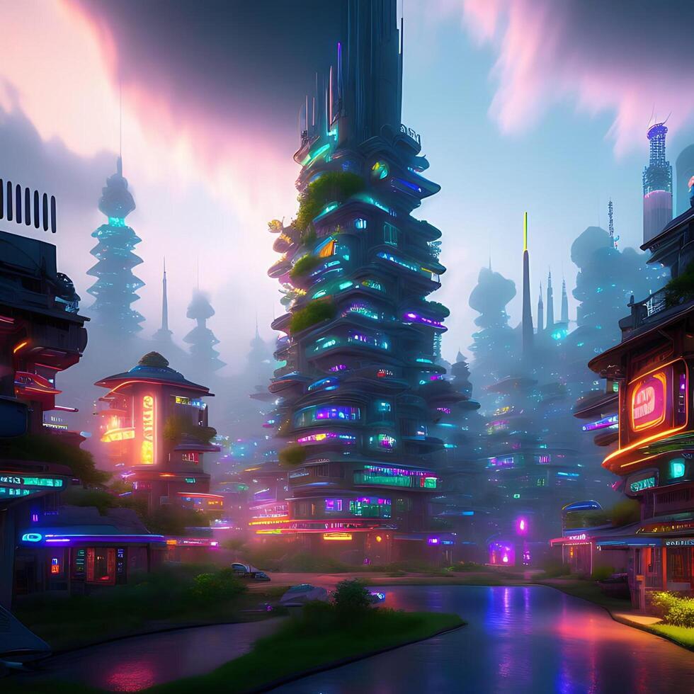 Futuristic 3D Photorealistic Illustration of Neon-lit Village photo