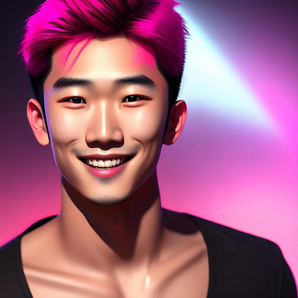 Handsome Asian Guy with Pink Hair and Neon-lit Background 3D Photorealistic Illustration Portrait photo