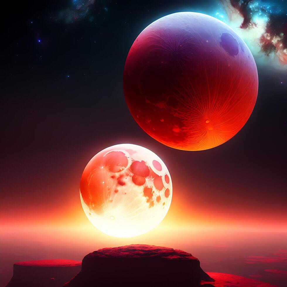 Red Planets with Milky Way Background on The Horizon Photorealistic 3D Illustration photo