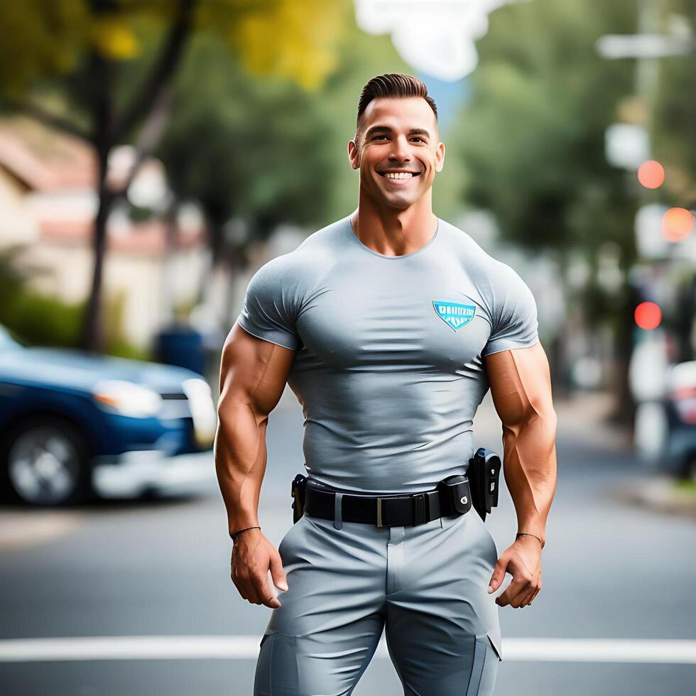 Hot Bodybuilder in Grey Uniform with Neighborhood Background Realistic Illustration photo