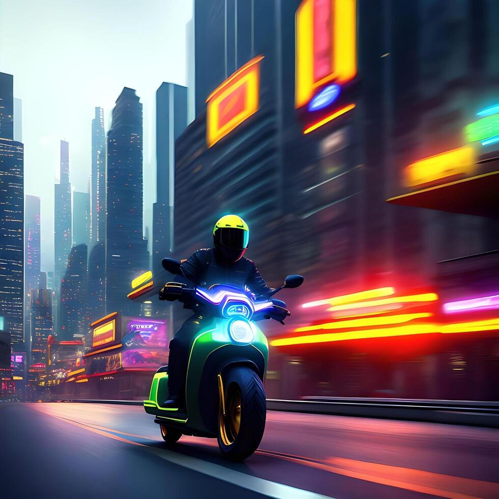 realista ilustración de un scooter conductor en el calle exceso de velocidad ai generado foto