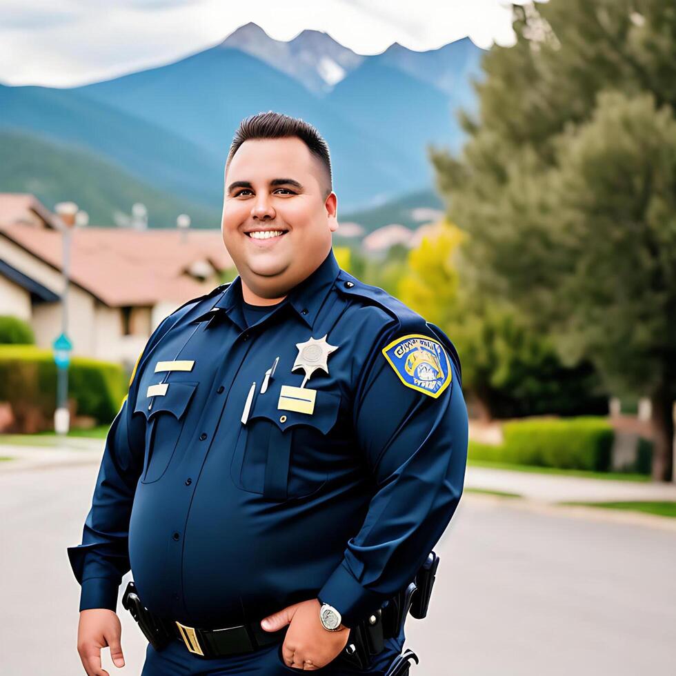 Fat Police Officer with Dark Navy Blue Uniform Standing in The Neighborhood with Mountainous Background photo