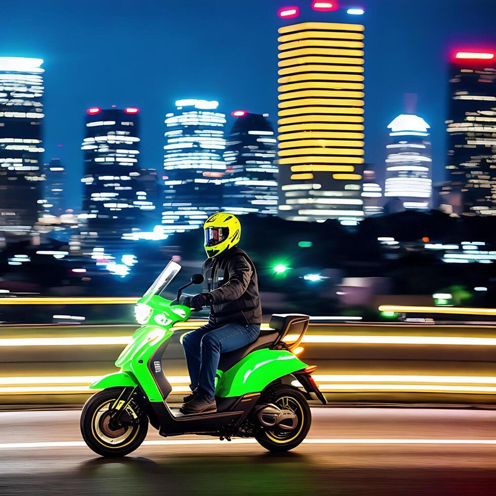 Realistic Scooter Driver On The Street Bokeh Illustration photo