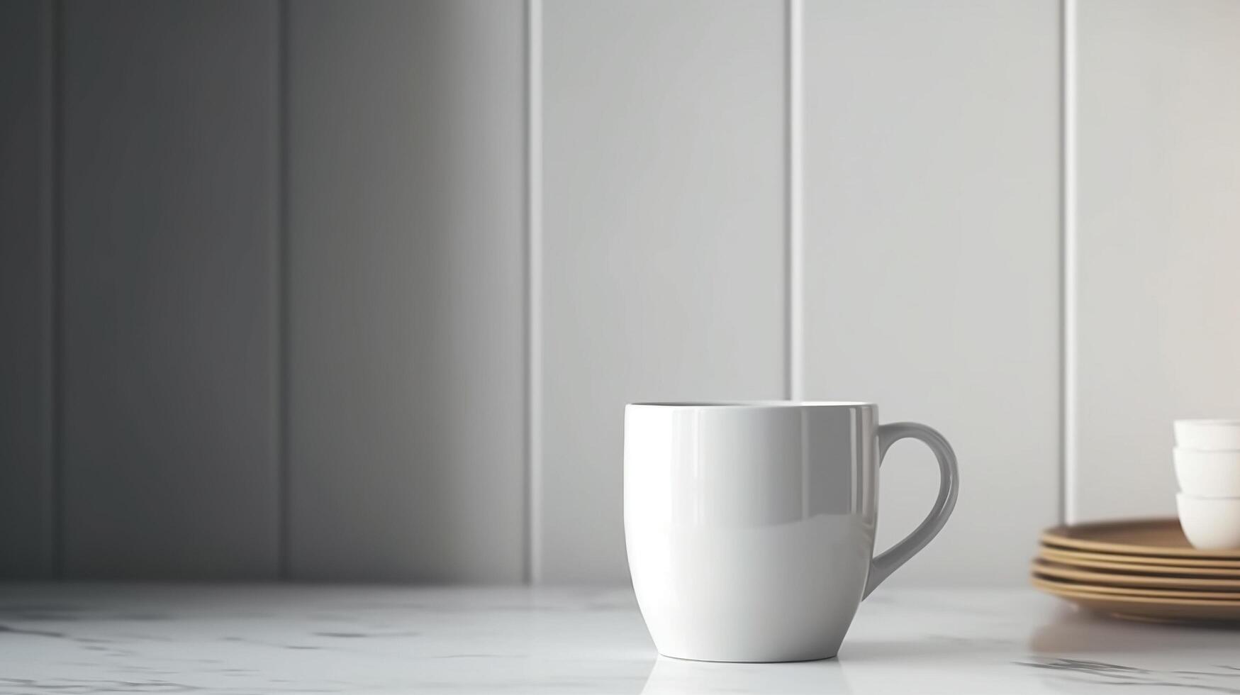 , White ceramic cup set-up in at home interior, mug mock up blank. photo