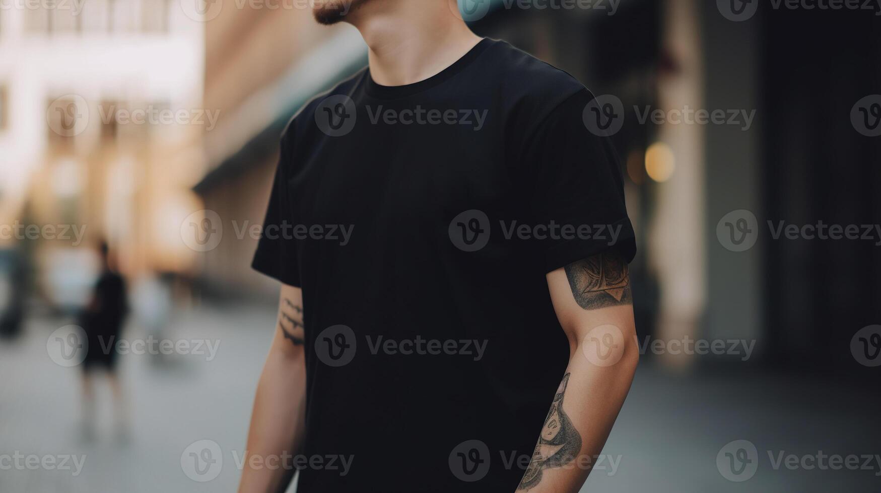 , Realistic black T-Shirt mock up blank put on young man, copyspace for presentation advertising. Blank business concept photo