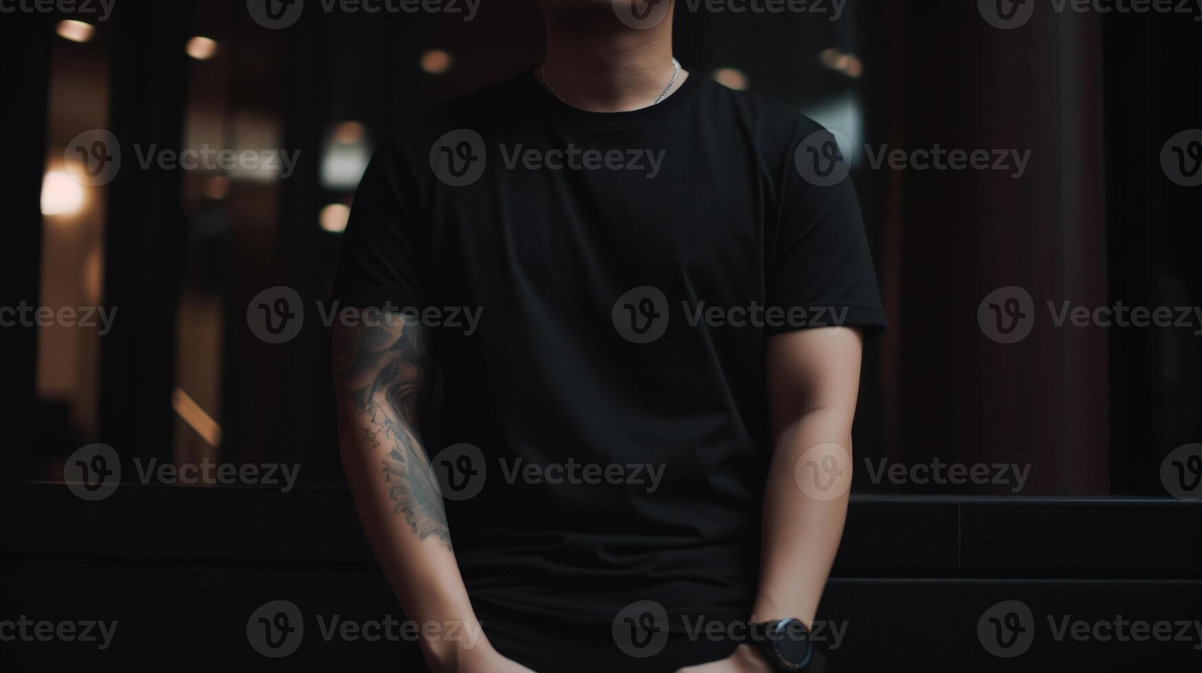 , Realistic black T-Shirt mock up blank put on young man, copyspace for presentation advertising. Blank business concept photo